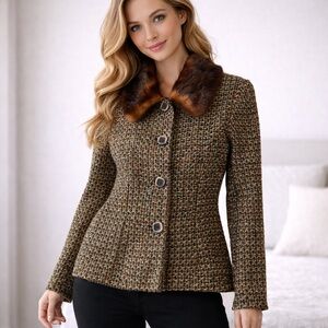 Louben Tweed Jacket with detachable Genuine Fur Collar – Women’s Size 8
